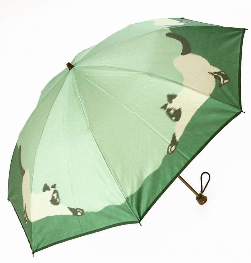 【折畳】モンブランヤマグチ 晴雨兼用ほぐし織り  猫（ペールグリーン）
